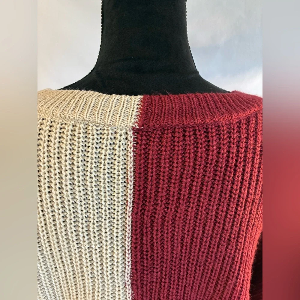 Beige/maroon color block V neck long sleeves loose knit pullover sweater XXL 19